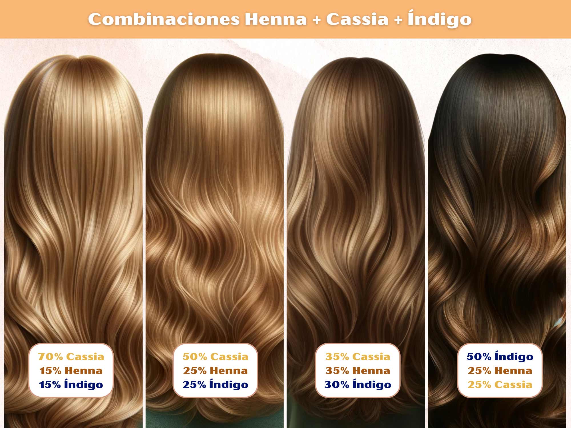 Combinaciones de Tonos con Henna + Índigo + Cassia