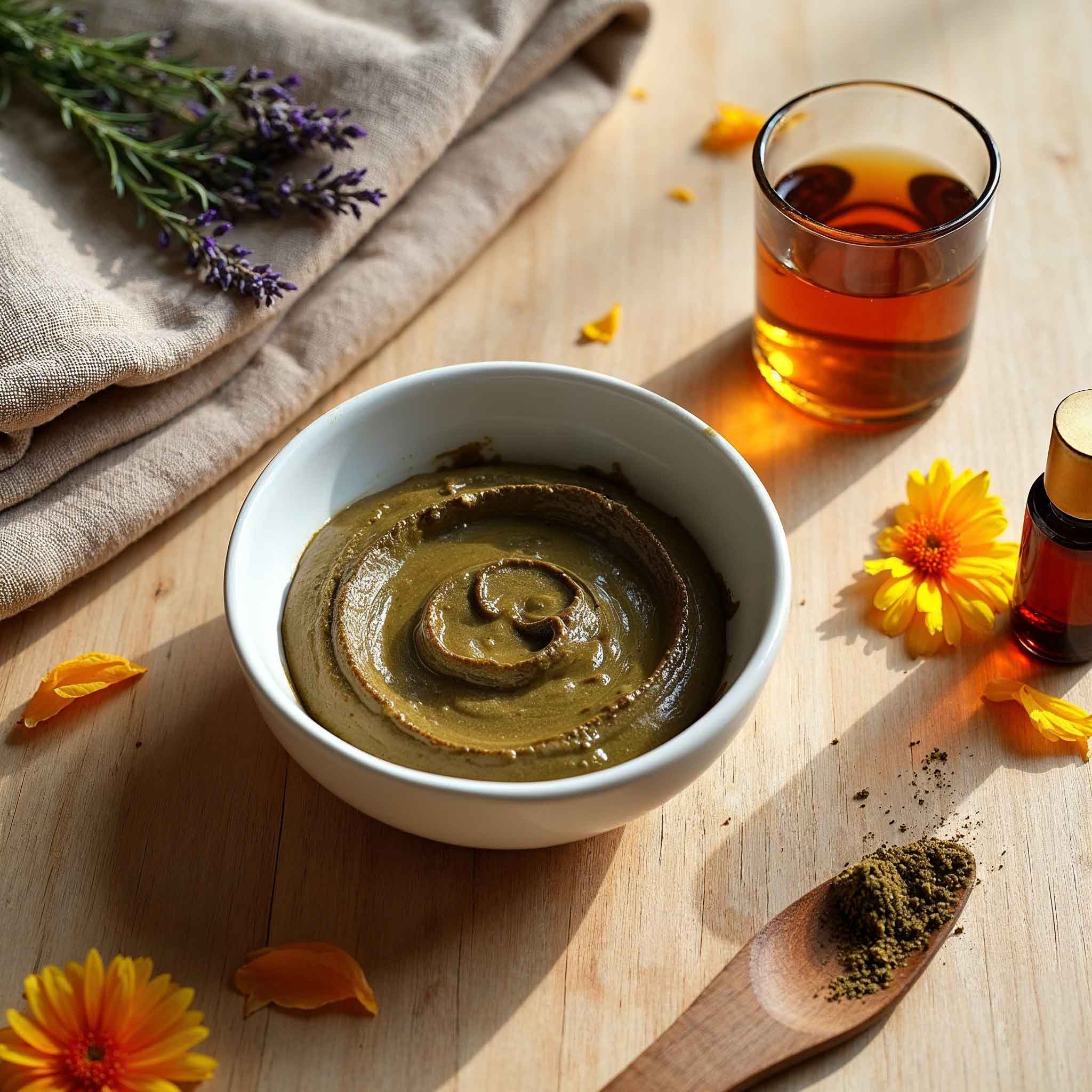 Preparación natural de henna para el cabello antes de aplicarla, con elementos del ritual capilar: polvo de henna, brocha, infusión de romero y toalla artesanal.