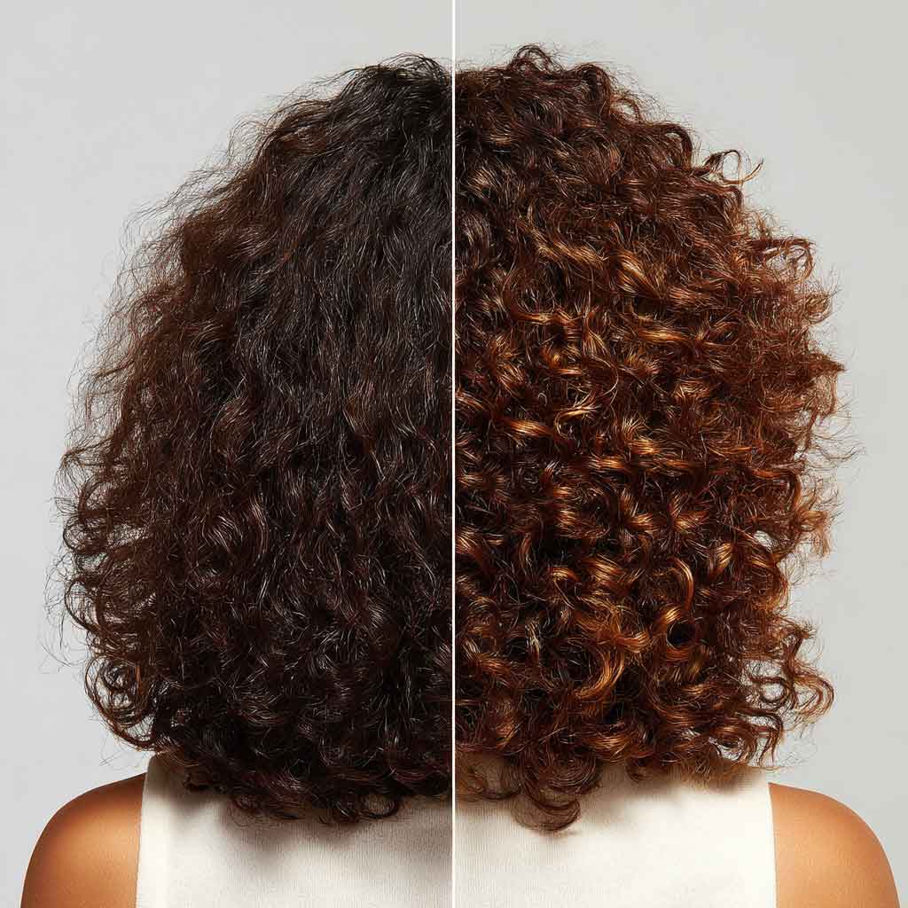 Antes y después henna en cabello rizado con rulos definidos y reflejos cobrizos