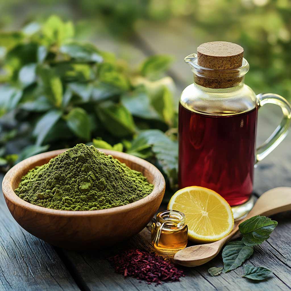 Polvo de henna natural con ingredientes como limón, aceite y té para teñir el cabello de forma saludable