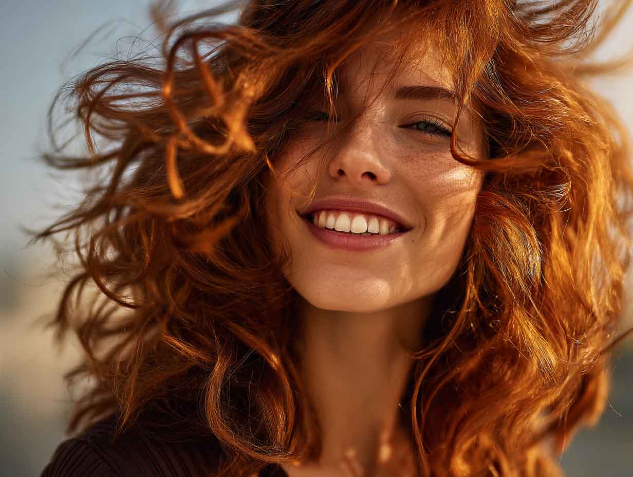 Mujer pelirroja de aspecto natural con cabello suelto y saludable después de usar henna