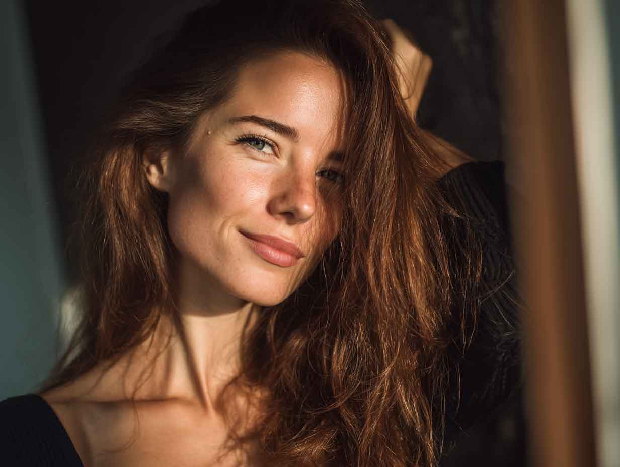 Mujer de cabello castaño cobrizo mirando su reflejo – resultado duradero con henna sin químicos